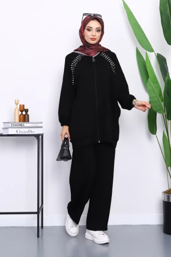 Siyah Taş Detaylı Fermuarlı Pantolonlu Tunik Modal Takım