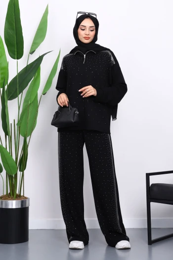 Siyah Taşlı Yaka Fermuarlı Tunik Pantolonlu Takım
