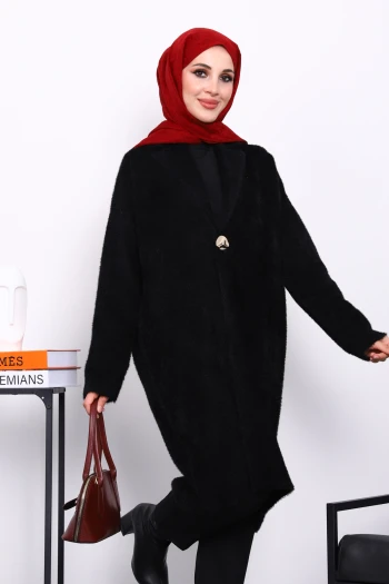 Siyah Tek Düğmeli Angora Yumoş Triko Hırka