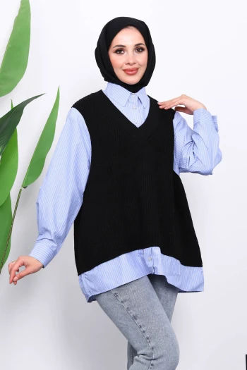 Siyah Triko Garnili Gömlek