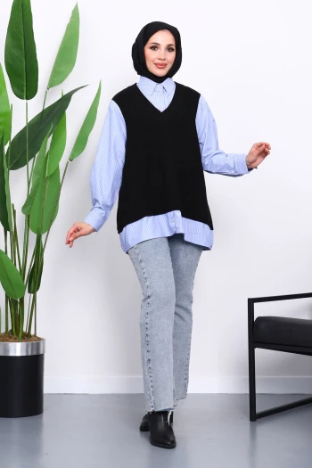 Siyah Triko Garnili Gömlek