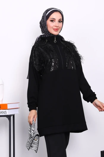 Siyah Yaka Fermuarlı Püsküllü Tunik