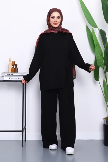 Siyah Yan Bağlamalı Tunik Pantolonlu Modal Takım
