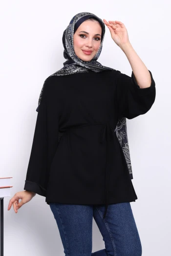 Siyah Yanları Yırtmaçlı Bel İpli Tunik