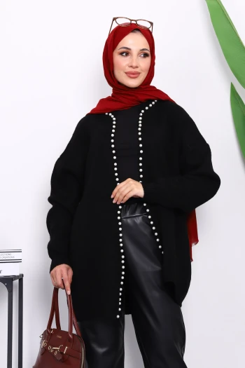 Siyah Yumoş Triko İncili Hırka