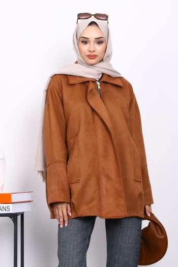Taba Oversize Fermuarlı Süet Ceket