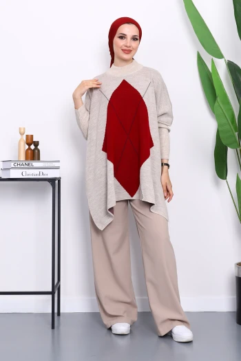 Taş Bordo Bisiklet Yaka Yan Yırtmaçlı Panço