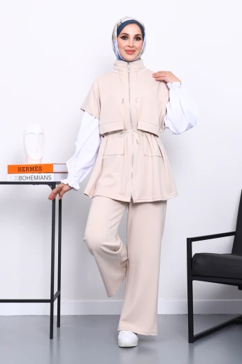 Taş Fermuarlı Yelek Pantolonlu Modal Takım