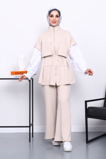 Taş Fermuarlı Yelek Pantolonlu Modal Takım