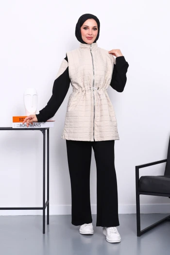 Taş Kapitone Yelek Tunik Pantolonlu Üçlü Takım