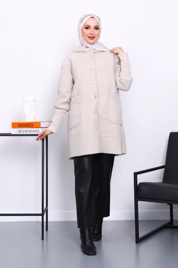 Taş Kapşonlu Buklet Kaban