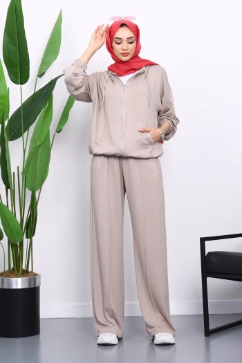 Taş Kapşonlu Fermuarlı Kanguru Cepli Modal Takım