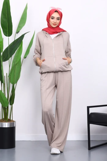 Taş Kapşonlu Fermuarlı Kanguru Cepli Modal Takım