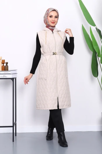 Taş Kapüşonlu Kemerli Kapitone Yelek