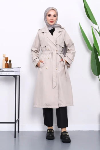 Taş Kravuze Yaka Bel Kemerli Düğmeli Trençkot