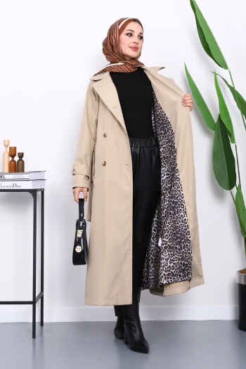 Taş Kravuze Yaka Kuşaklı Astarlı Trençkot