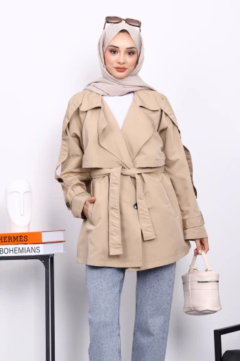 Taş Kruvaze Yaka Astarlı Kısa Trençkot