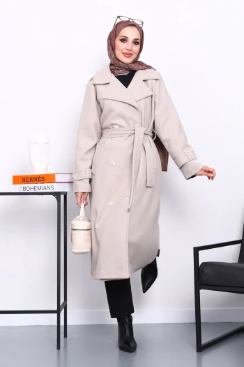 Taş Kruvaze Yaka Kuşaklı Kaşe Kaban