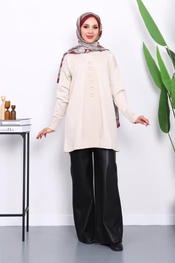 Taş Ön Detaylı Soğuk İplik Triko Tunik