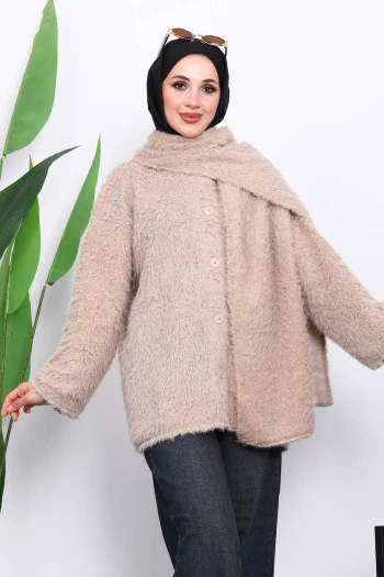 Vizon Atkılı Detaylı Düğmeli Angora Ceket