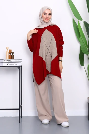 Vizon Bordo Bisiklet Yaka Yan Yırtmaçlı Panço