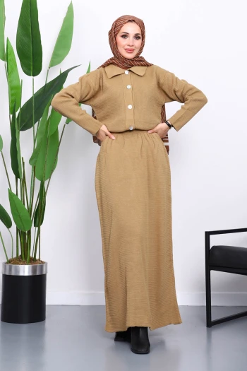 Vizon Gömlek Yaka Düğmeli Triko Etekli Takım