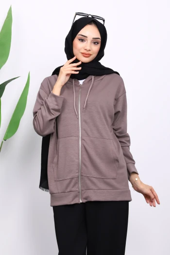 Vizon Kapşonlu Fermuarlı Modal Sweat Hırka