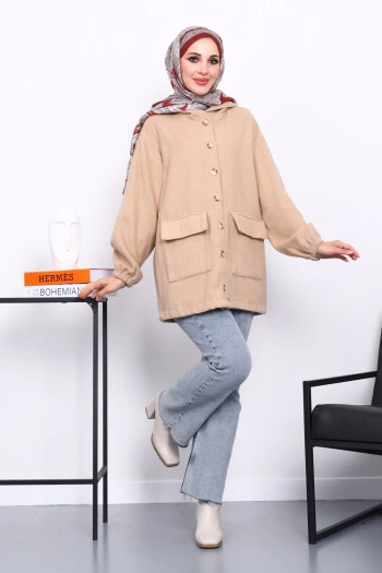 Vizon Kapüşonlu  Düğmeli İnce Kaşe Ceket