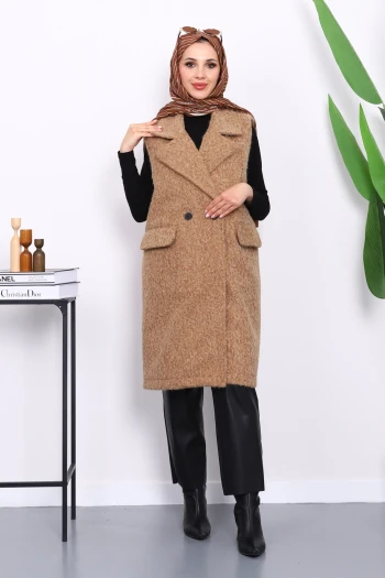 Vizon Kruvaze Yaka Astarlı Kaşe Yelek