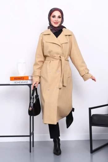 Vizon Kruvaze Yaka Kuşaklı Kaşe Kaban