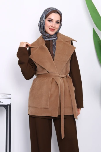 Vizon Kruvaze Yaka Kuşaklı Kaşe Yelek