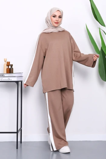 Vizon Renk Bloklu Tunik Pantolonlu Takım