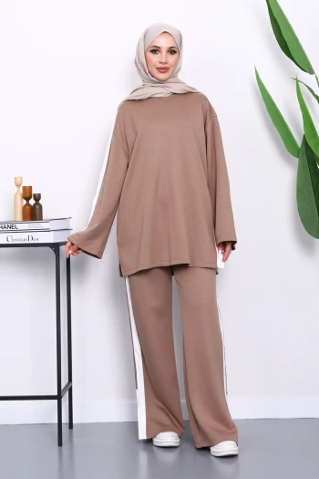 Vizon Renk Bloklu Tunik Pantolonlu Takım