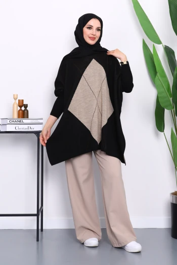 Vizon Siyah Bisiklet Yaka Yan Yırtmaçlı Panço