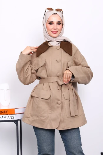 Vizon Yaka Garnili Cepli  Kuşaklı Trençkot