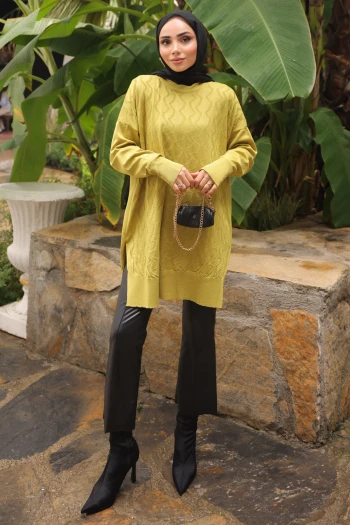 Yağ Yeşili Bisiklet Yaka Soğuk İplik Triko Tunik