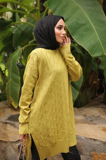 Yağ Yeşili Bisiklet Yaka Soğuk İplik Triko Tunik