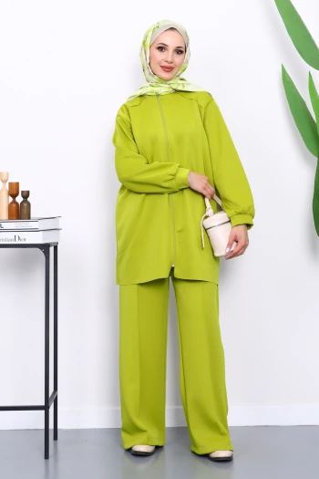 Yağ Yeşili Fermuarlı Tunik Pantolonlu Takım