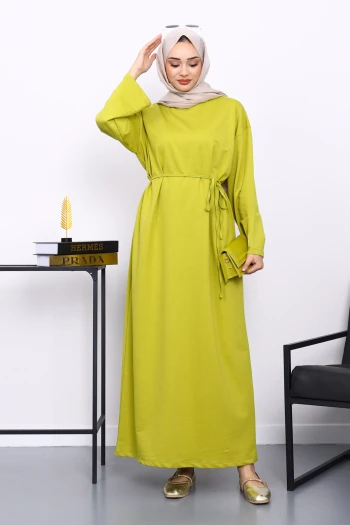 Yağ Yeşili İki İplik Modal Elbise