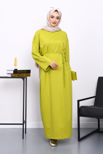 Yağ Yeşili İki İplik Modal Elbise