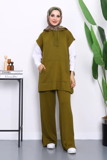 Yağ Yeşili Kapşonlu Süveter Pantolonlu Modal Takım