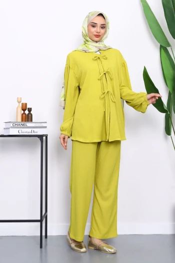 Yağ Yeşili Ön Bağlamalı Bürümcük Kimono Pantolonlu Takım