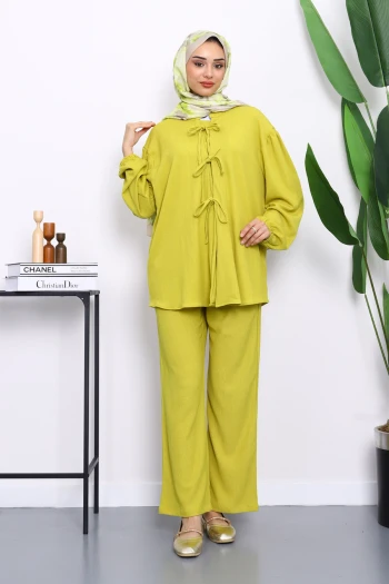 Yağ Yeşili Ön Bağlamalı Bürümcük Kimono Pantolonlu Takım