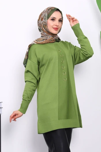 Yağ Yeşili Ön Detaylı Soğuk İplik Triko Tunik