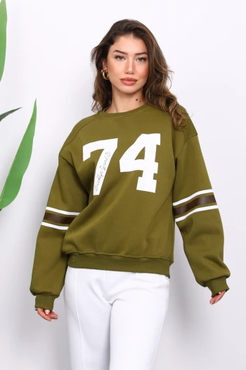 Yağ Yeşili Ön Ve Kol Baskılı Üç İplik Sweat
