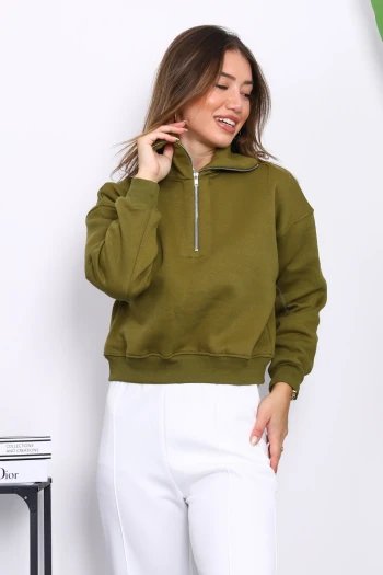 Yağ Yeşili Önü Fermuarlı Üç İplik Crop Sweat