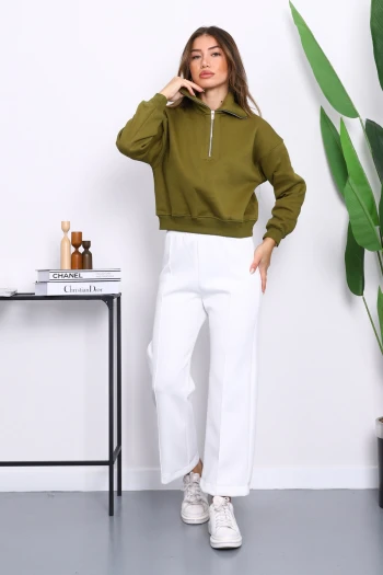 Yağ Yeşili Önü Fermuarlı Üç İplik Crop Sweat