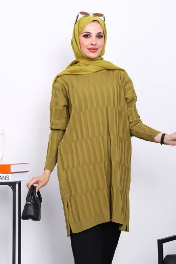 Yağ Yeşili Soğuk İplik Merserize Triko Tunik