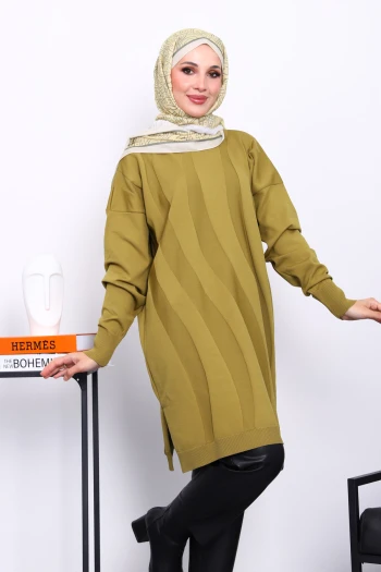 Yağ Yeşili Soğuk İplik Merserize Triko Tunik