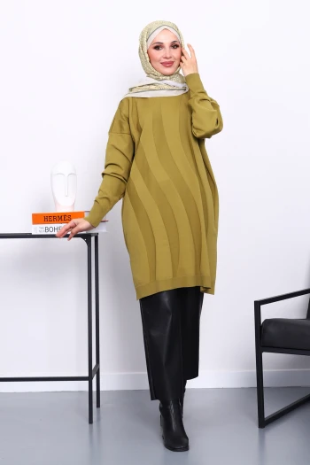 Yağ Yeşili Soğuk İplik Merserize Triko Tunik